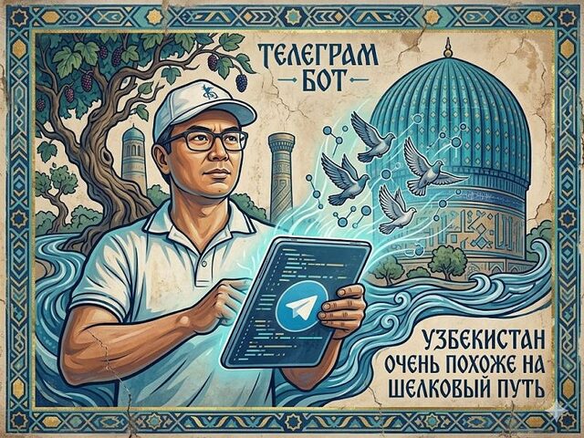 From the Silk Road to Webhook Stability — illustration of Dr Khindol with a Telegram tablet and a Samarkand dome
